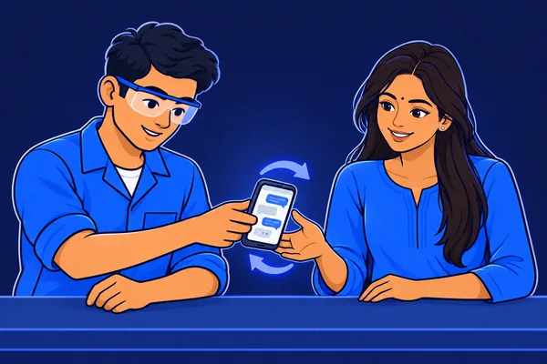 An ITI trainee and a college student sit together at a bench and swap one phone, so each can review the other's work.