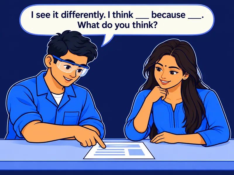 Tap to make the picture bigger Two learners talk calmly at a desk. The trainee points at the paper, not at his partner, and says: I see it differently. I think ___ because ___. What do you think?